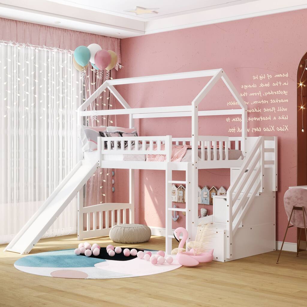 Twin Size Solid Wood House Design Loft Bed with Storage Stairway, Slide ...