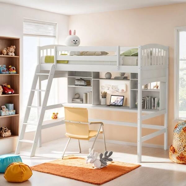 slide 2 of 27, Twin size Loft Bed with Storage Shelves, Desk and Ladder, White White