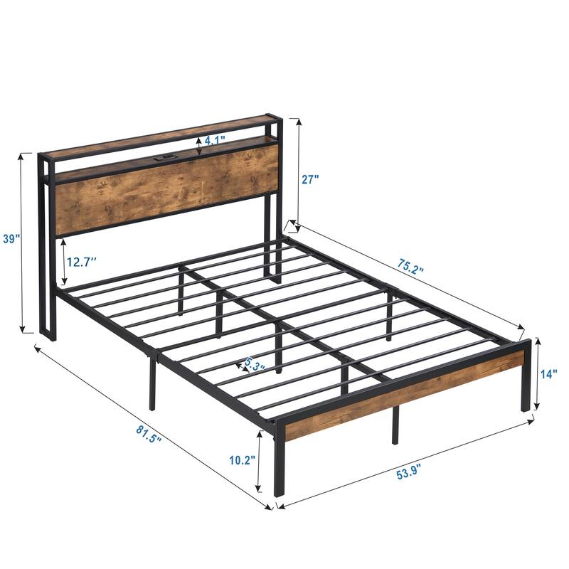 Full Size Metal Platform Bed Frame with Wooden Headboard, USB Port, Under Bed Storage, No Box Spring Needed