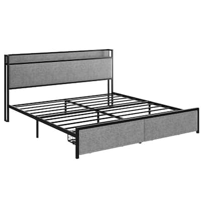 Platform Bed Frame, Storage Headboard with Charging Station