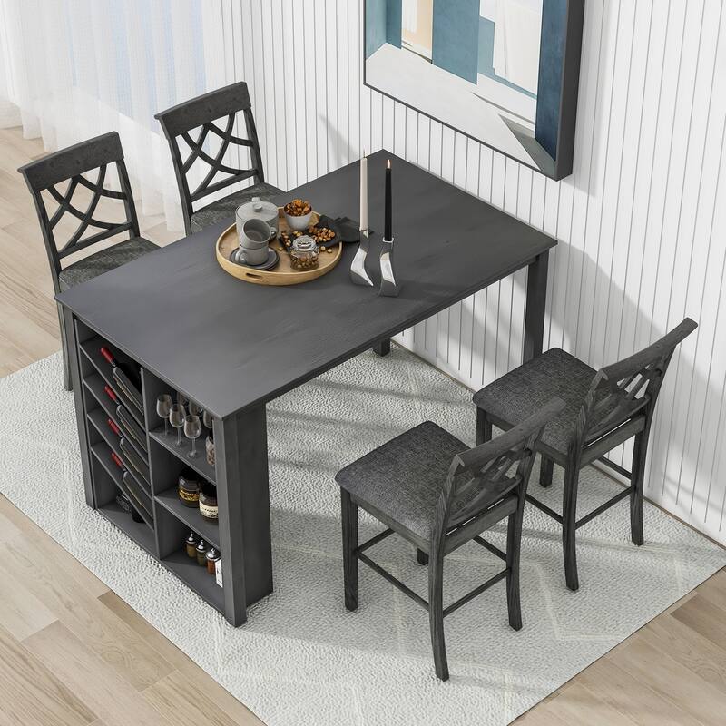 5Piece Counter Height Dining Table Set with Wine Rack and 4