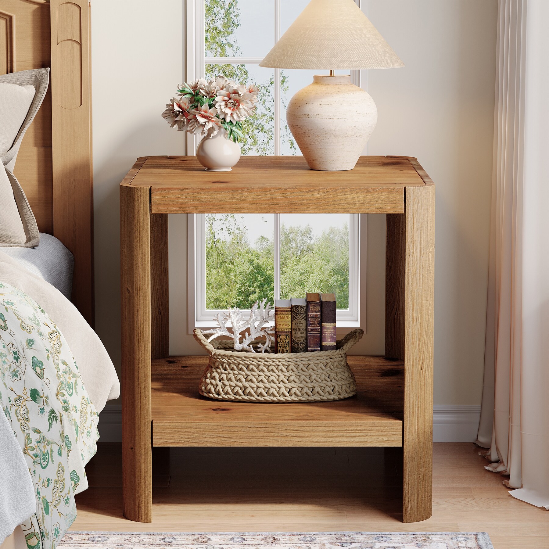 Solid Wood End Table, 2-Tier Small Side Table with Open Storage