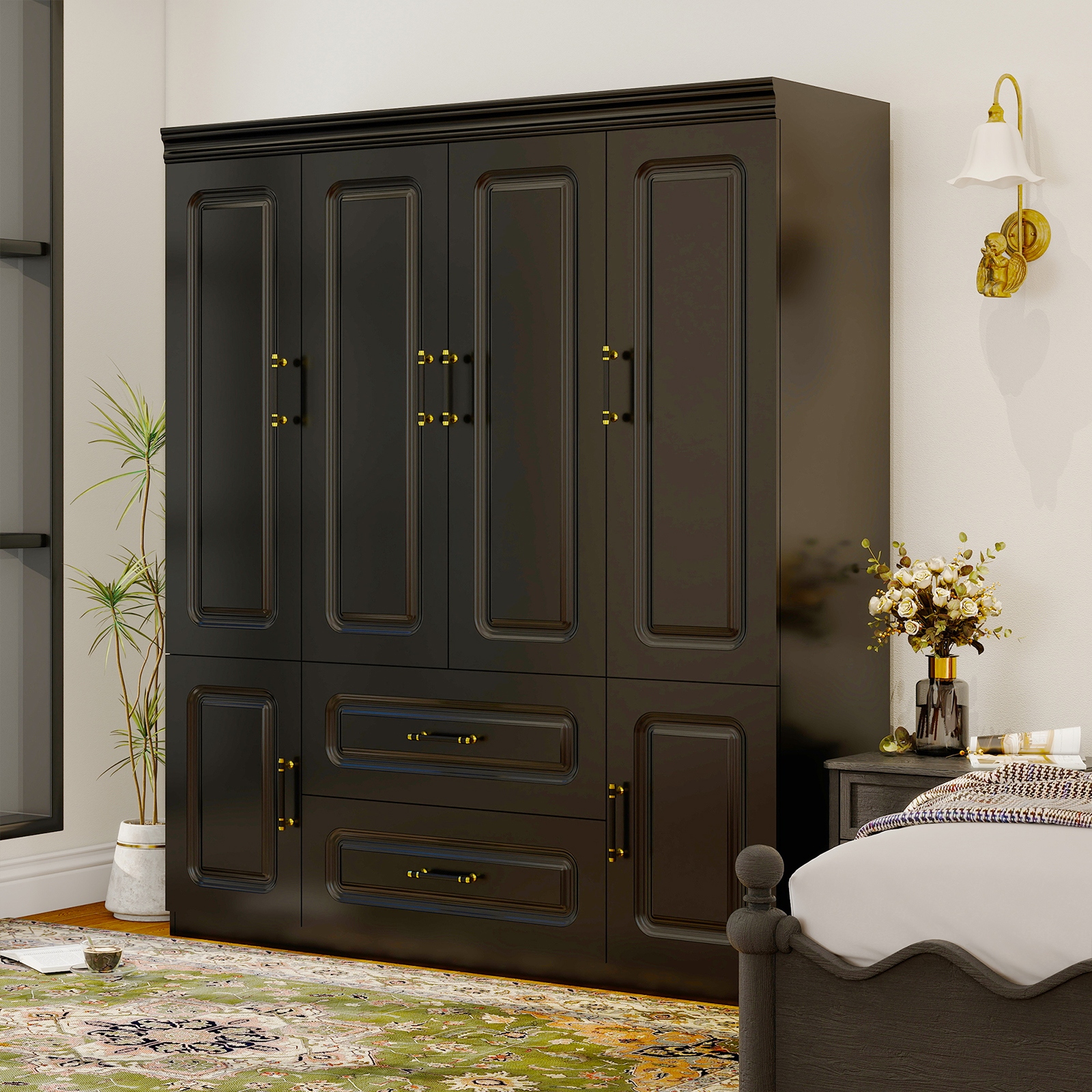 【2024福袋】 4 Door Rod Hanging and Drawer with Closet Wardrobe Armoire 家具・インテリア