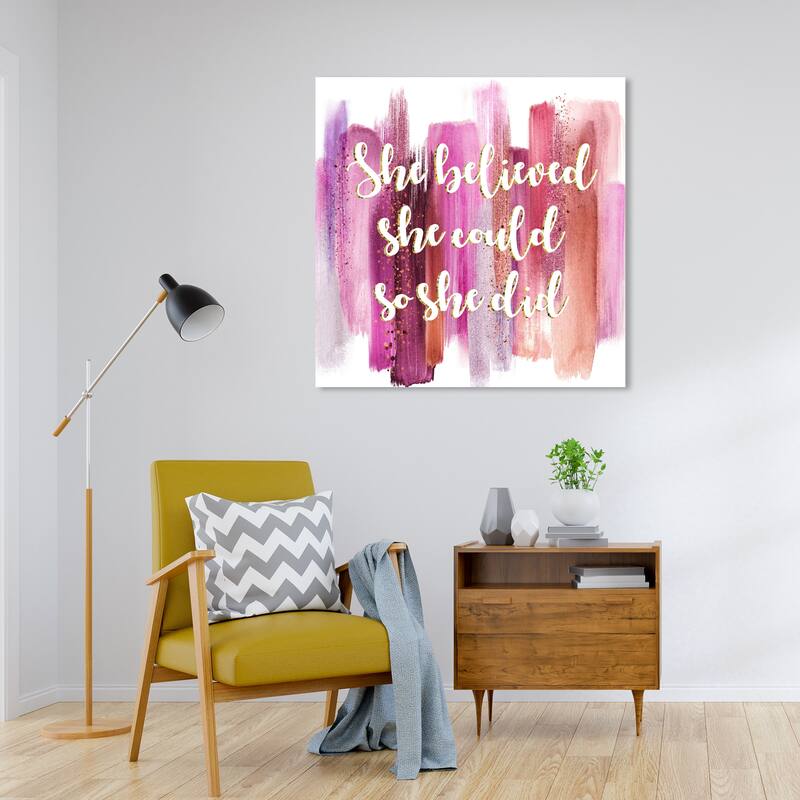 Wynwood Studio Prints Typography and Quotes She Believed She Could Abstract Pink and Pastel Pink Glam Wall Art Canvas Print - 30 x 30