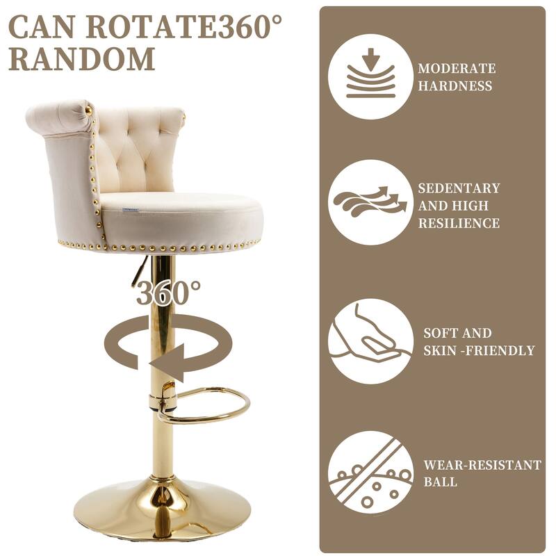 Velvet Upholstered Tufted Nailheads Swivel Adjustable Height Bar Stools With Golden Footrest(set of 2)