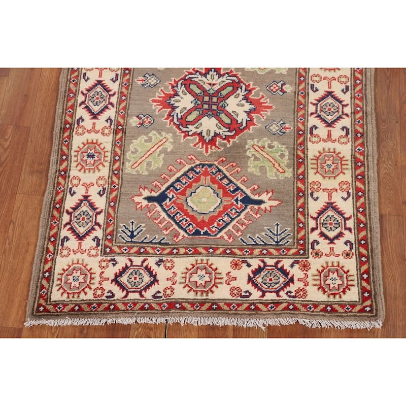 Brown Geometric Kazak Oriental Accent Rug Handmade Wool Carpet - 2'10" x 4'0"
