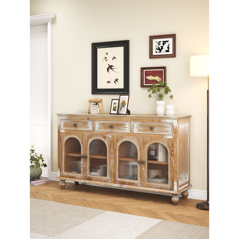 59.06"Farmhouse Sideboard Buffet Cabinet, Distressed Wood Credenza with 3 Drawers & 4 Glass Doors, Storage Cabinet with Shelves