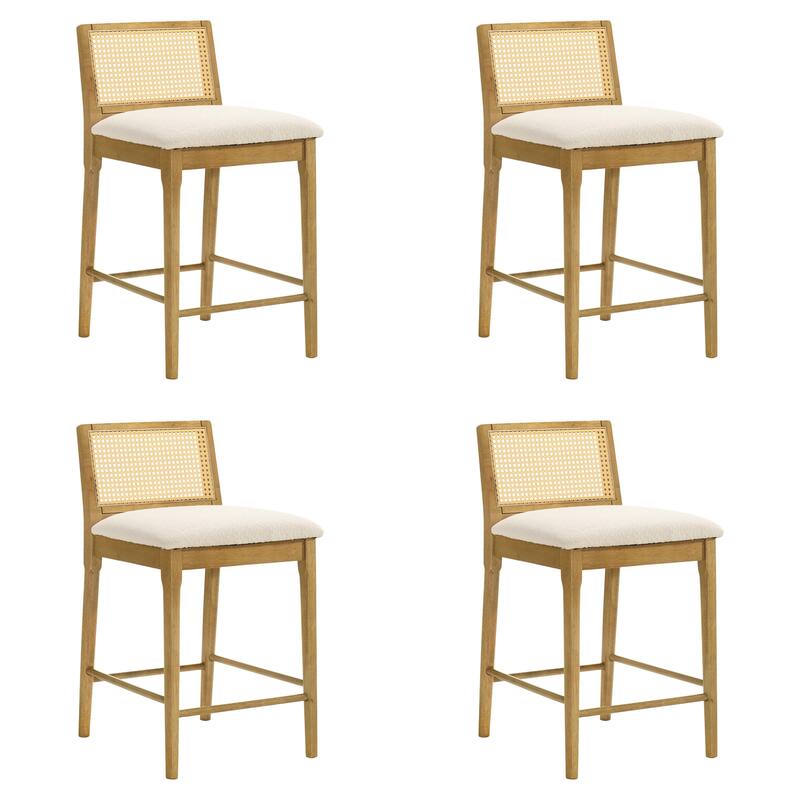 Tobias Rattan and Wood Bar Stool, Counter Height Kitchen Stool with White Boucle Fabric Upholstered Seat - Set of 4 - Amber Glow - Counter Height