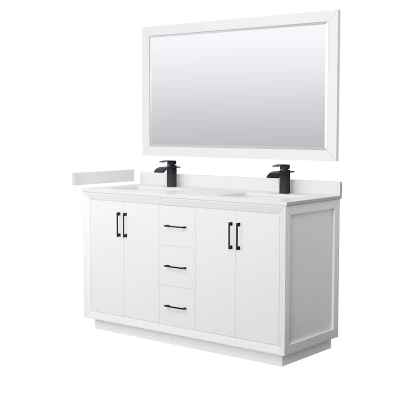 Strada 60-inch Double Vanity, Quartz Top, 58-inch Mirror - White, Black Trim, White Quartz Top
