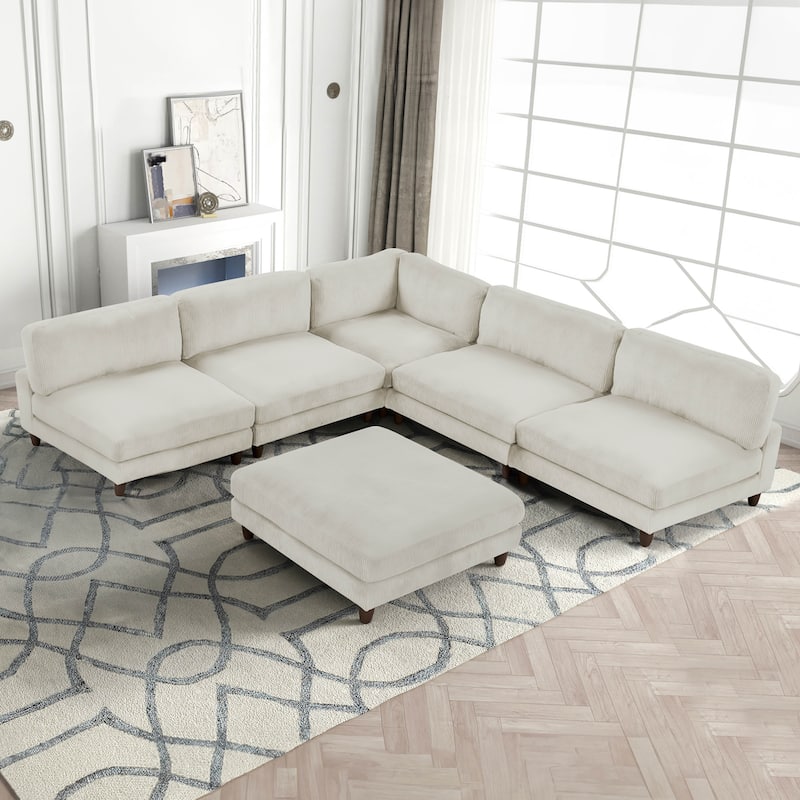 Furniture of America Sienta Modern 6-Piece Corduroy Modular Sectional with Ottoman - Beige