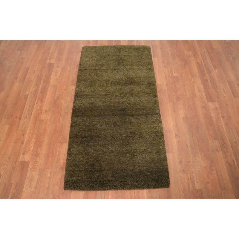 Hand Knotted Oriental 100% Wool Carpet Modern Solid Green Gabbeh Runner Rug - 4' 9'' X 2' 5''