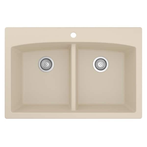 slide 2 of 53, Karran Drop-in Quartz 50/50 Double Bowl Kitchen Sink Bisque