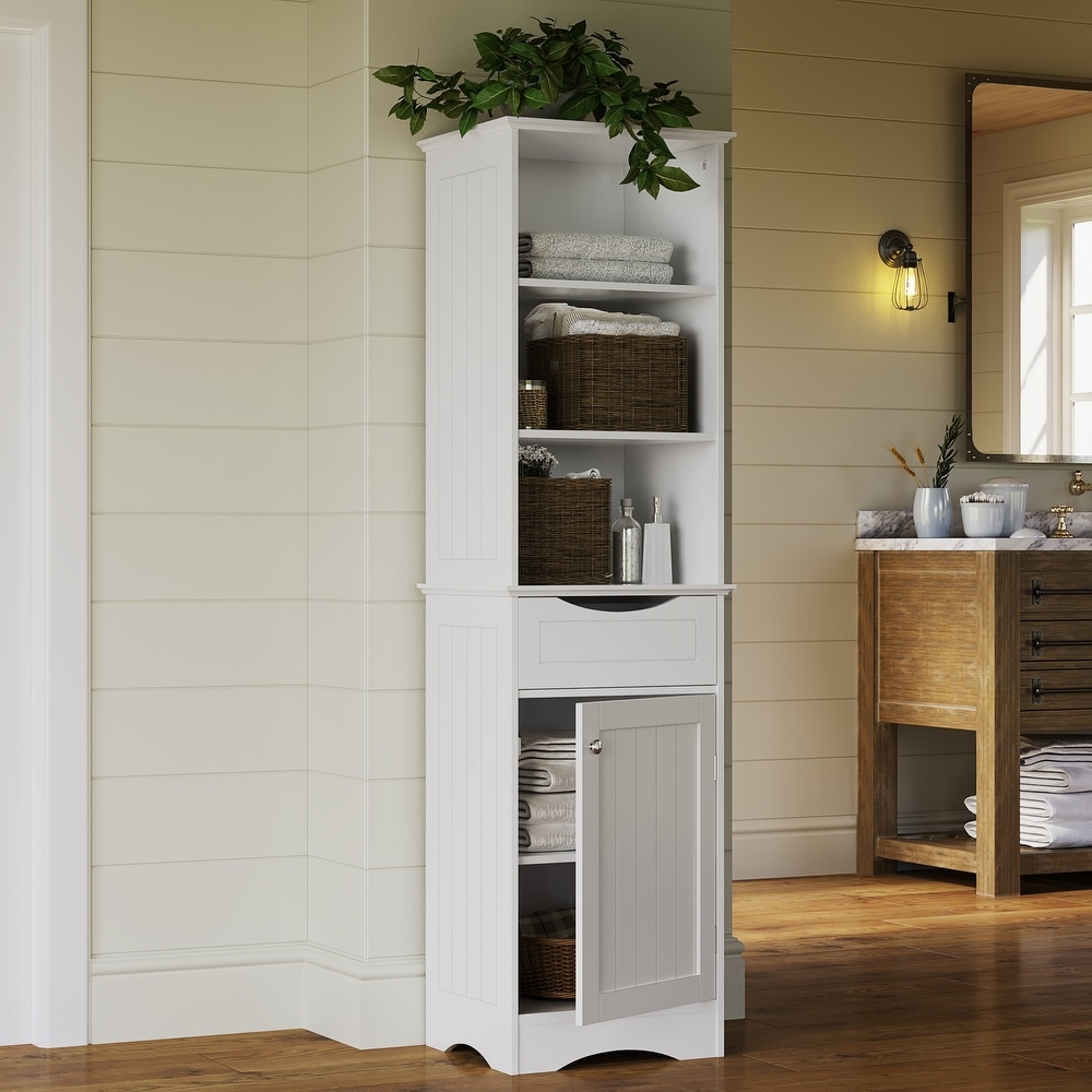 OKD Bathroom Storage Cabinet, Farmhouse Storage Cabinet with Adjustable  Shelves & Storage Drawer, Tall Linen Tower for Bathroom, Living Room,  Laundry