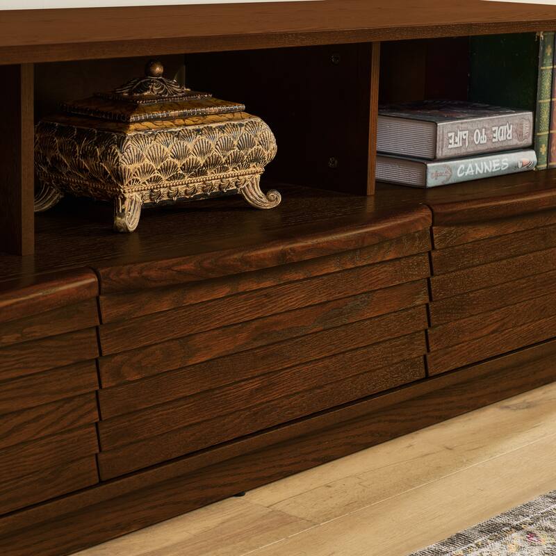 63" Mid-Century Modern TV Stand for TVs up to 75", Entertainment Center with 3 Solid Wood Drawers & Outlet Holes, Open Storage