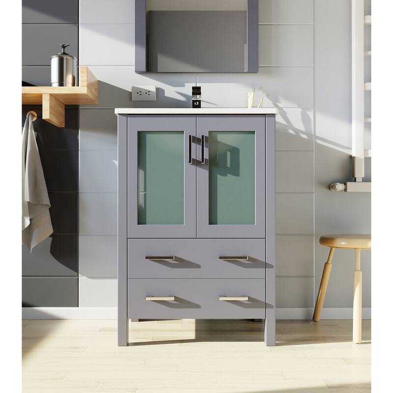 24-inch Bathroom Vanity with Ceramic Top, Mirror, and Soft Close Storage - Includes 1 Cabinet and 2 Drawers for Storage