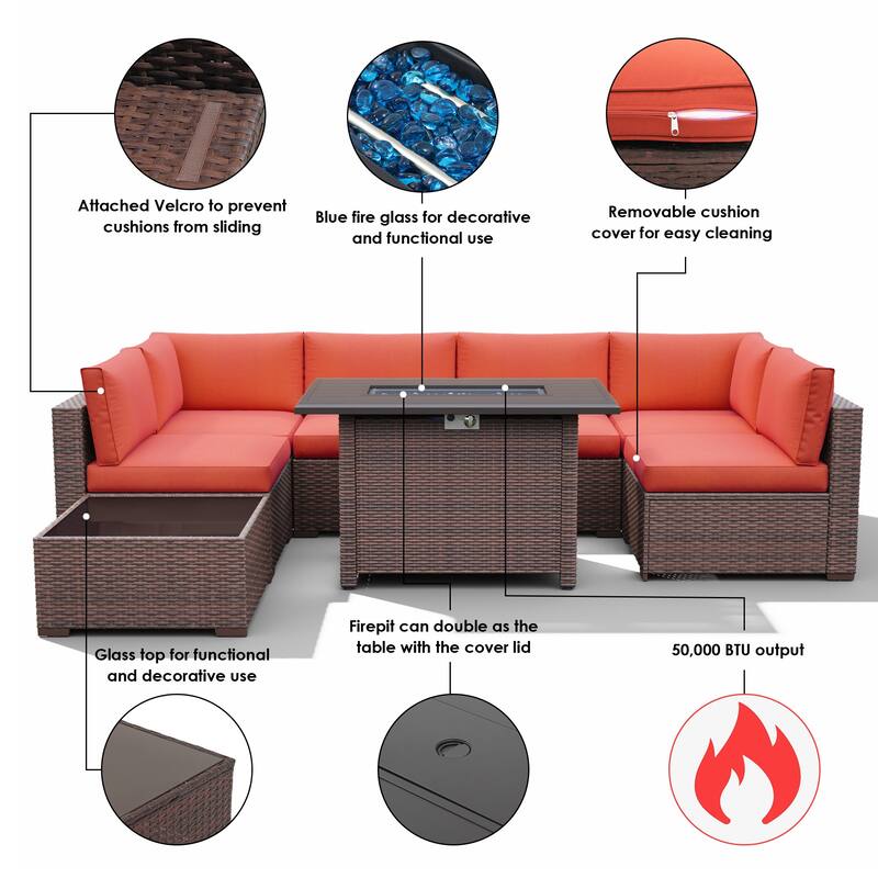 Outdoor 8 Pieces Sectional Wicker Sofa Set with Fire Pit