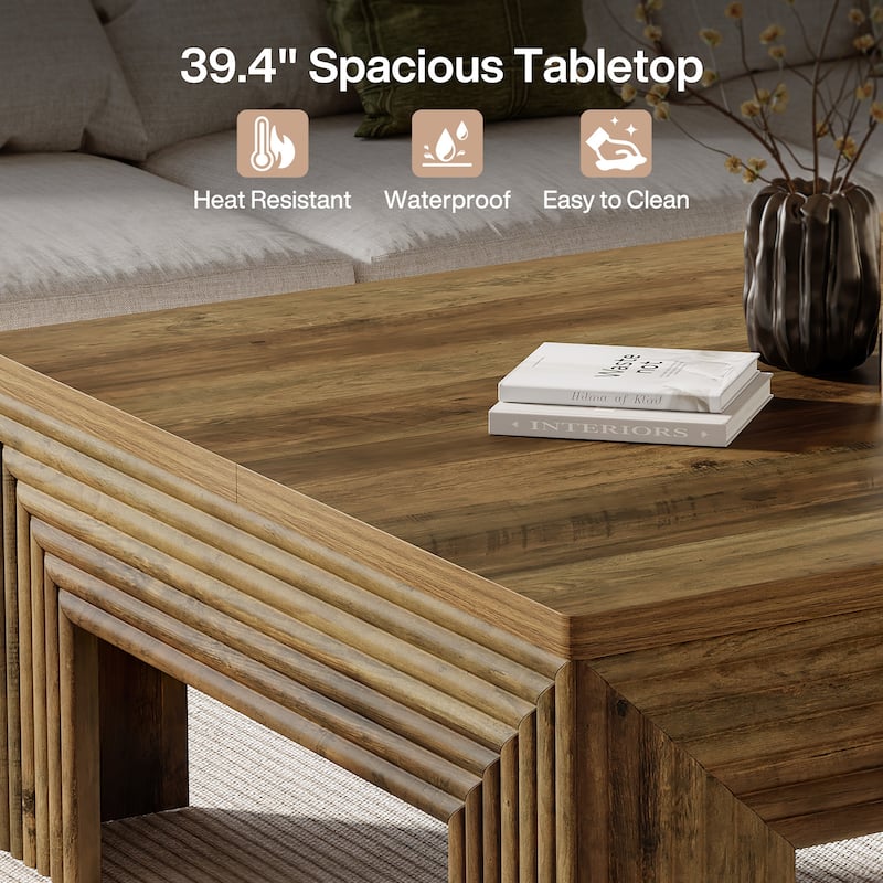 Square Coffee Table, 39.4 Inch Rustic Living Room Center Table