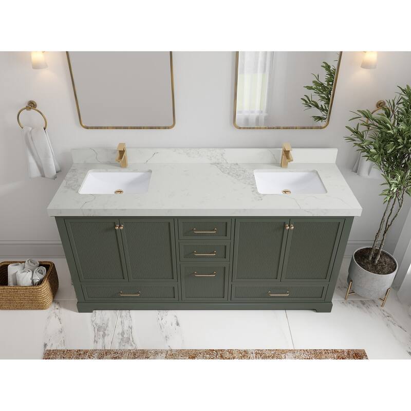Willow Collections 72 x 22 Alys Double Bowl Sink Bathroom Vanity with Countertop - 2"Calacatta Nuvo - Pewter Green