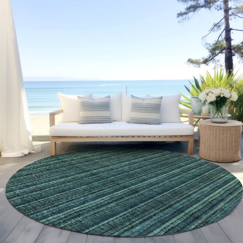 Machine Washable Indoor/ Outdoor Stripe Chantille Rug - Teal - 8' x 8'