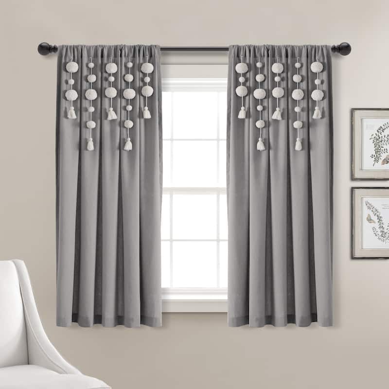 Lush Decor Boho Pom Pom Tassel Linen Window Curtain Panel (Single) - 52"W x 63"L - Dark Grey