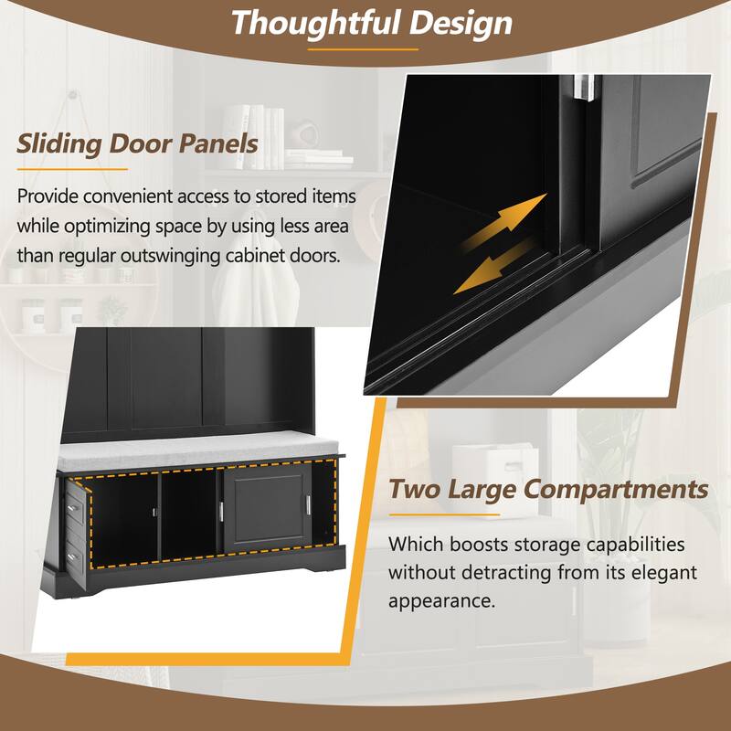 Entryway 3-in-1 Hall Tree with Storage Bench & Sliding Doors, Shoe Cabinet Coat Rack with Cushioned Seat & Anti-Tip