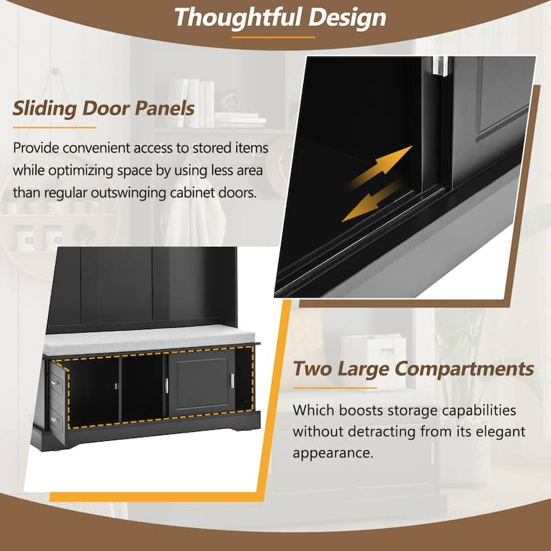 Roomfitters Elegant Hall Tree with Cushioned Bench and Sliding Doors, Mudroom Shoe Storage Cabinet with 6 Silver Hooks