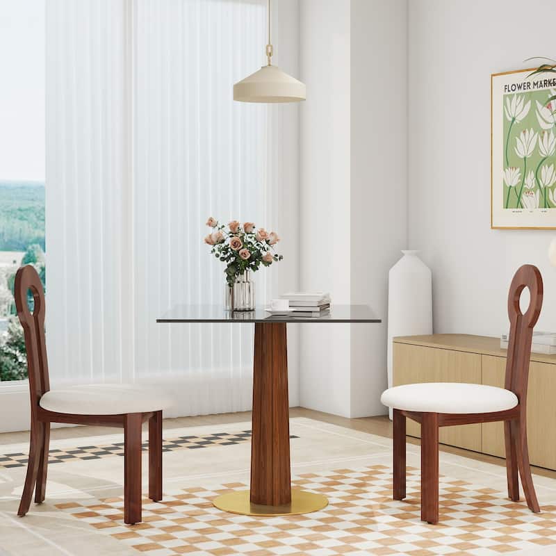 Modern Square Dining Table, 33.5" Tempered Glass Table with Wooden Leg & Gold Base, 2 - Person Kitchen Table for Small Space - Brown+Transparent