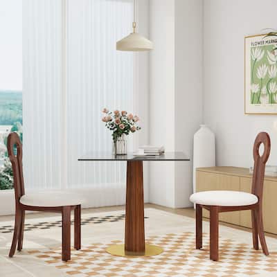 Modern Square Dining Table, 33.5" Tempered Glass Table with Wooden Leg & Gold Base, 2 - Person Kitchen Table for Small Space