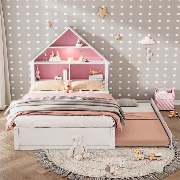 slide 2 of 9, White+Pink Full Size Wood House-Shaped Bed with Bookcase Headboard and Led Light and Trundle for Kids Boys Girls Full - White+Pink