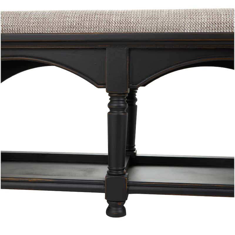 Black Fabric Arched Storage Bench with Traditional Turned Legs and Beige Cushion