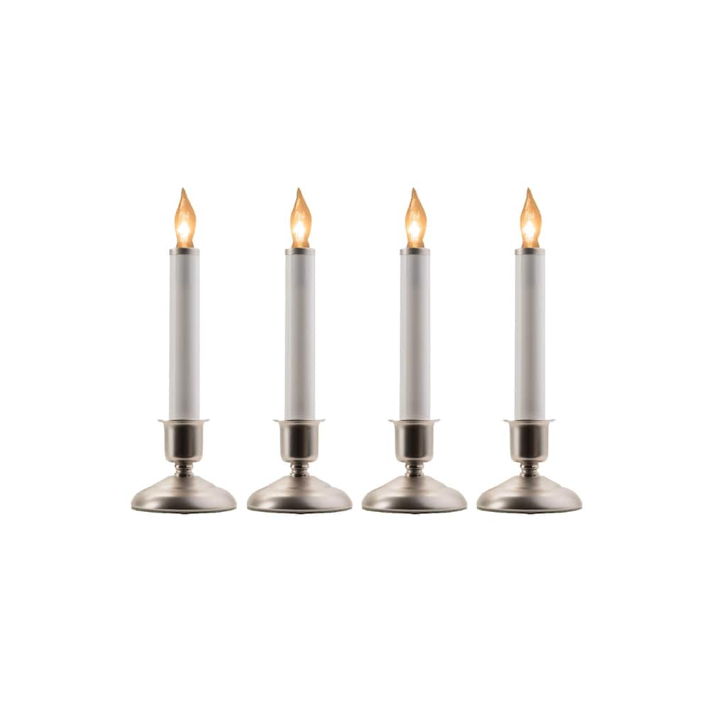 Set of 4 White Cape Cod Christmas Window Candle Lamps Silver Holder 9"