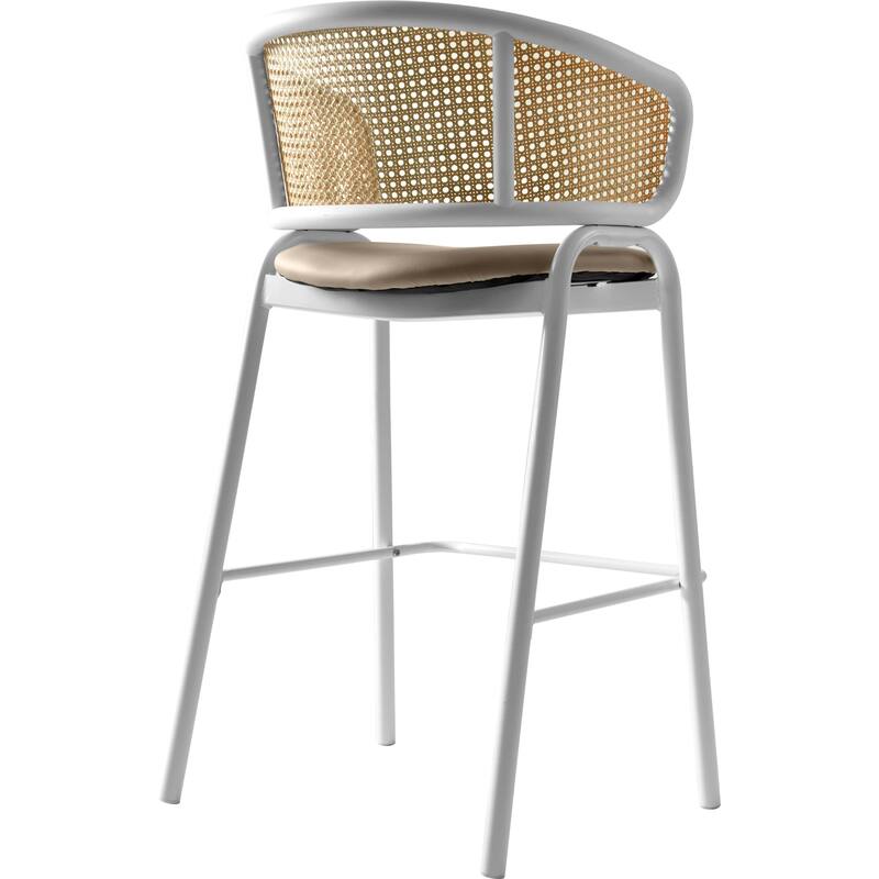 LeisureMod Ervilla Set of 2 Modern Wicker Leather Bar Stool with Curved Back & White Steel Frame for Home Office Dining Room