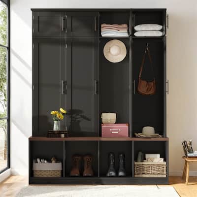 Farmhouse Hall Tree w/4 Hidden Hanging Hooks,Versatile Seating Bench