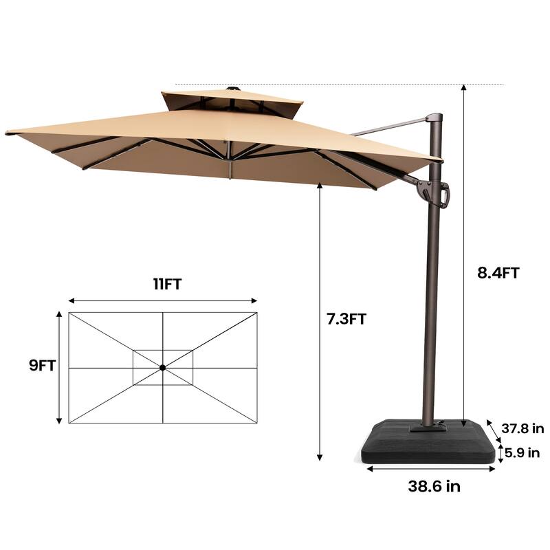 Pellebant 9X11FT Outdoor Dual Top Patio Umbrella Cantilever Offset with Base