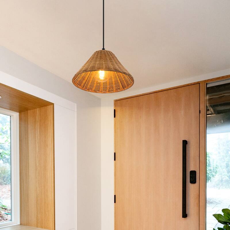 1-Light Farmhouse Straw Hat Hand Woven Chandelier with Natural Rattan Shade