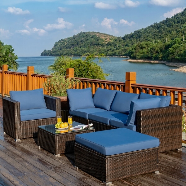 Gymax 6PCS Patio Conversation Set Rattan Sectional Furniture Set w