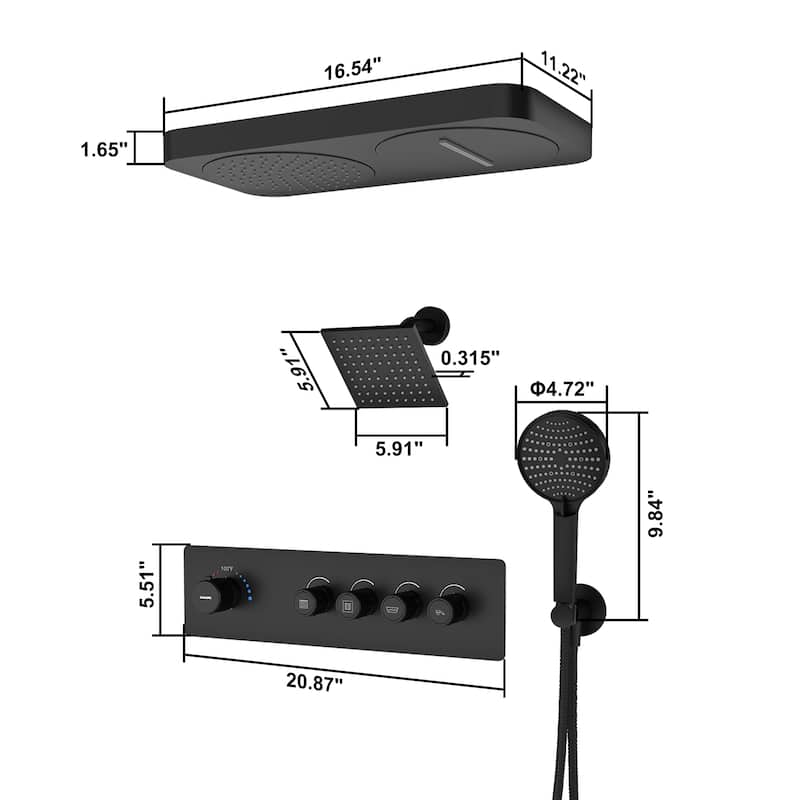 7-Spray Thermostatic 22.5"x 11.2" Rainfall Ceiling and 6" Wall Mount Dual Shower Head with Handheld Spray in Matte Black