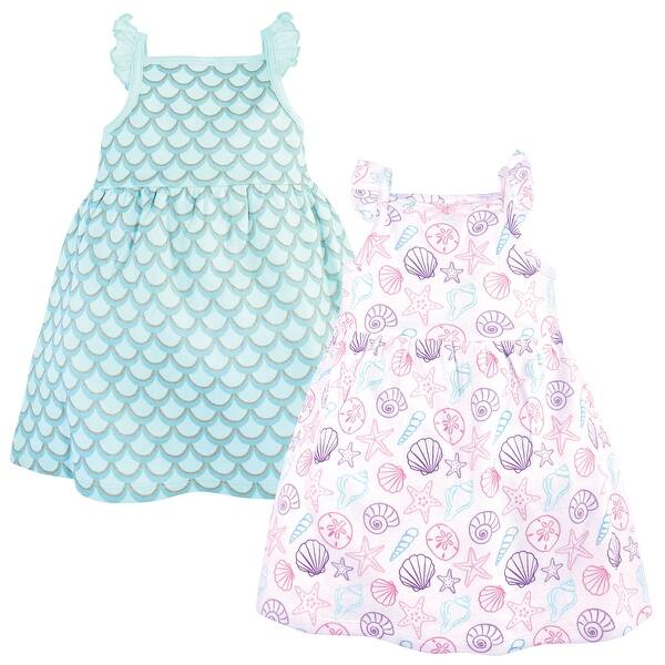 slide 1 of 1, Hudson Baby Infant and Baby Girl Sleeveless Cotton Dresses 2pk, Sea Shells 0-3 Months - Pink Sea Shells