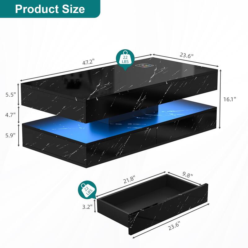 Smart LED Coffee Table 47.2" with Bluetooth Speaker & Wireless Charging, Modern White Marble Center Table