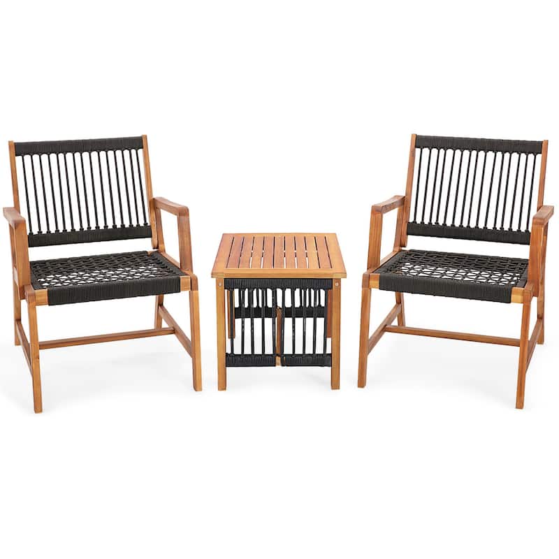Patio 3pcs Wood Outdoor Furniture Bistro Set All-Weather Rope Woven - Black and Natural