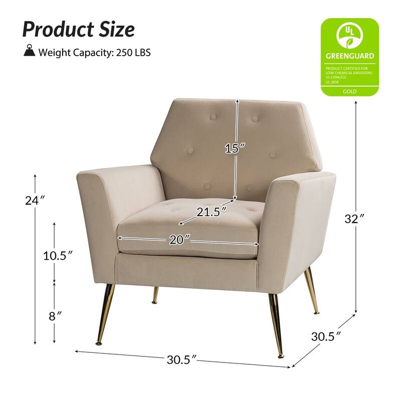 Lilia Contemporary Velvet Upholstered Tufted Back Armchair with Metal Golden legs Set of 2 by HULALA HOME