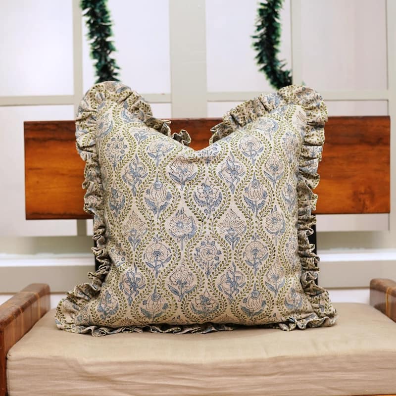 Fabdivine Handmade Block Print Floral Frill Both Side Soft Boho Pure Linen Pillow Cover
