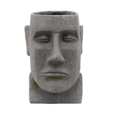 12 Inch Moai Head Design Resin Planter, Round Opening, Gray