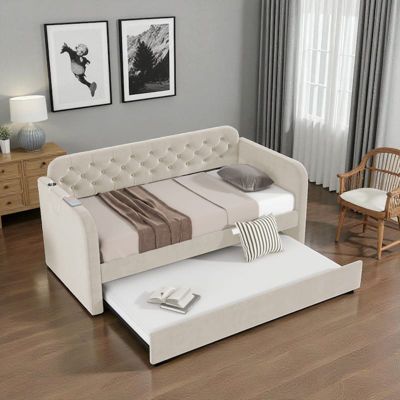 Twin Velvet Upholstered Daybed with Trundle and USB Charging Port, Tufted Backrest Sofa Bed for Bedroom or Living Room - Light Beige - Twin