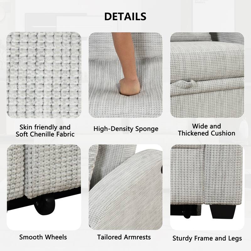 61.6" Pull Out Sofa Bed with Adjustable Backrest, 2 Pillows, Cup Holders & USB Ports, White Gray, Chenille