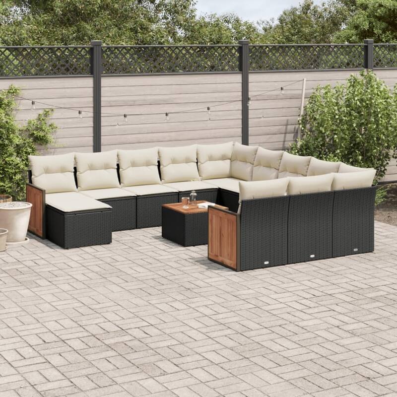 vidaXL Patio Sofa Set with Cushions Outdoor Conversation Furniture Poly Rattan - 21.7 x 21.7 x 14.6 in - Black and cream with table