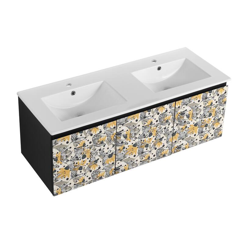 Plywood Wall-Mounted Bathroom Vanity Set in Black with Integrated Ceramic Sink