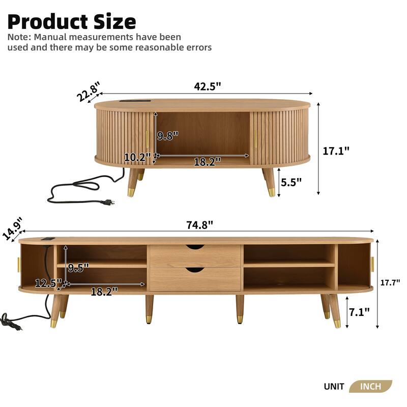 Wooden TV Stand and Coffee Table Set of 2, Sliding Door TV Cabinet TV Console with Charging Station for TVs up to 80", Natural