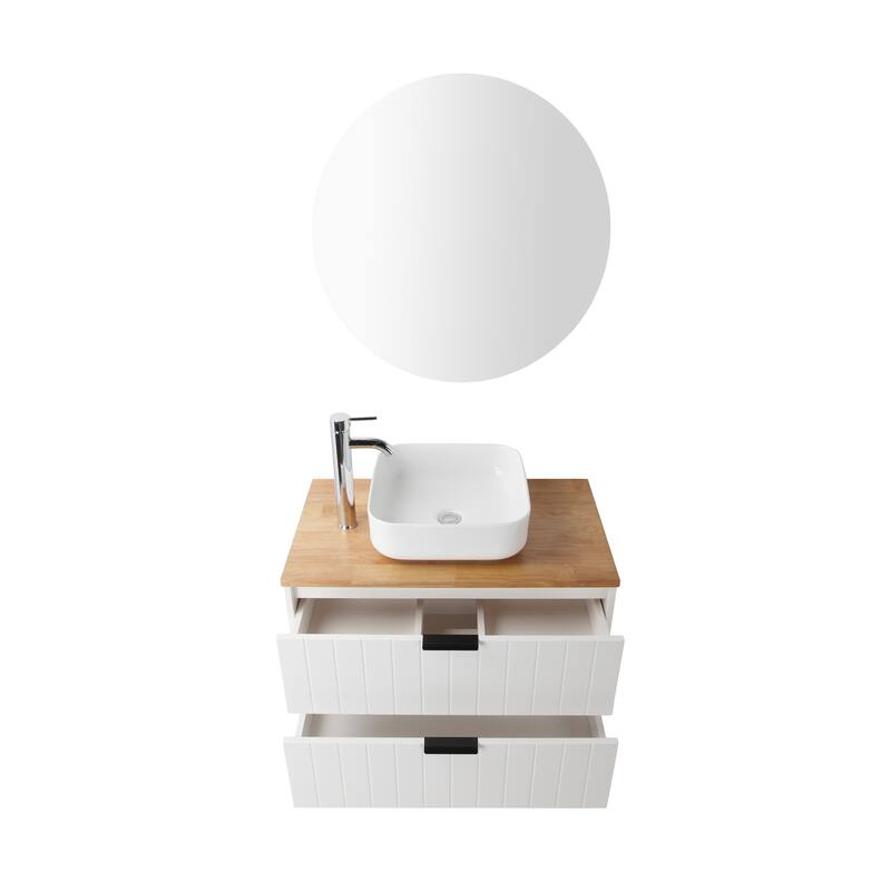 GDFStudio - 32-Inch Wall-Mounted Bathroom Vanity, Solid Wood Natural Top, Square Art Ceramic Sink