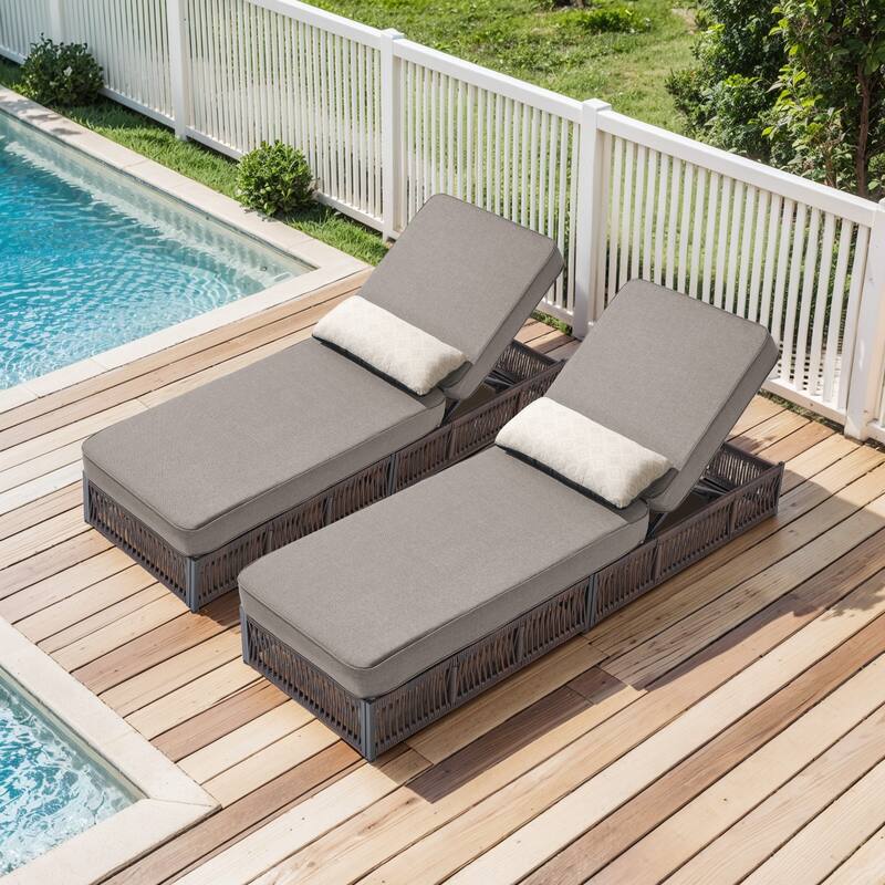Pocassy Outdoor 5 Inch Lounge Chairs with 5 Adjustable Backrest - 2-Piece Brown Wicker Gray Cushion